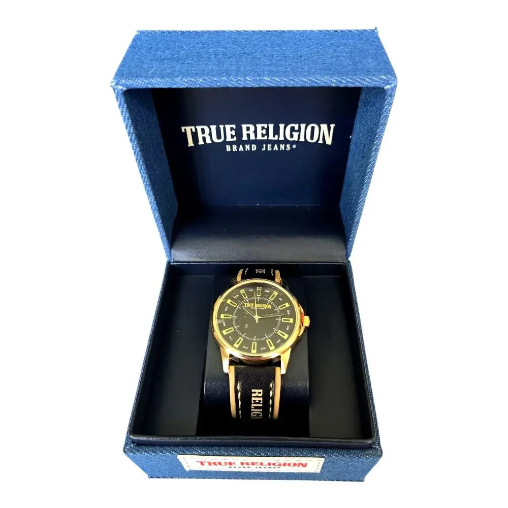True Religion Men’s Watch Black Gold Dial TRM107 Analog Leather Strap Fashion
